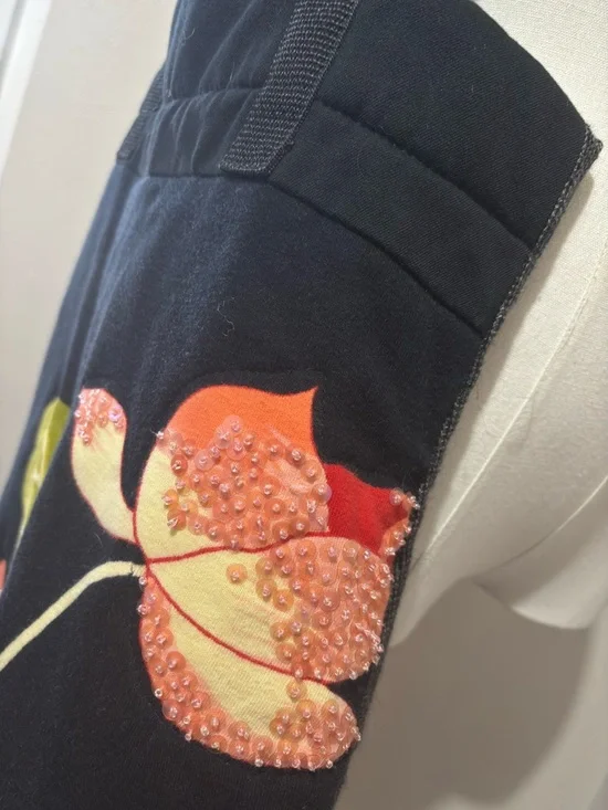 Black Floral Tote with Pink & Green Accents Sequins Rhinestones - Picture 3 of 9